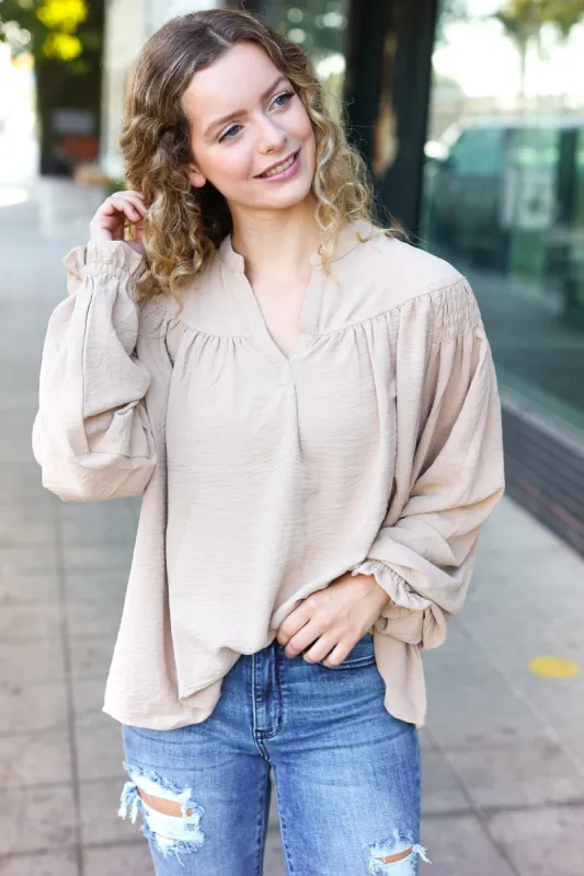 Boho Vibes Taupe Notched Neck Smocked Bubble Sleeve Top sold by Charming Charlie