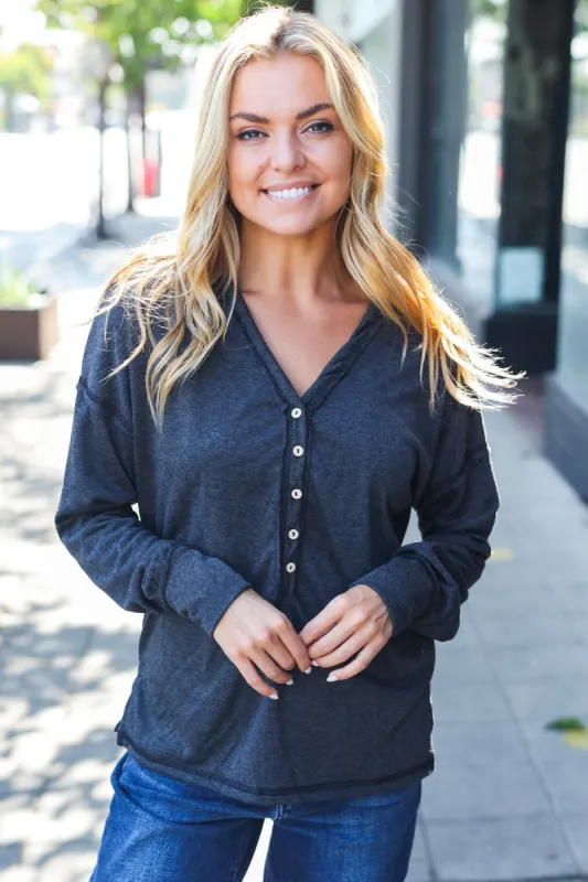 Casual Days Charcoal Henley Button Down V Neck Top sold by Charming Charlie