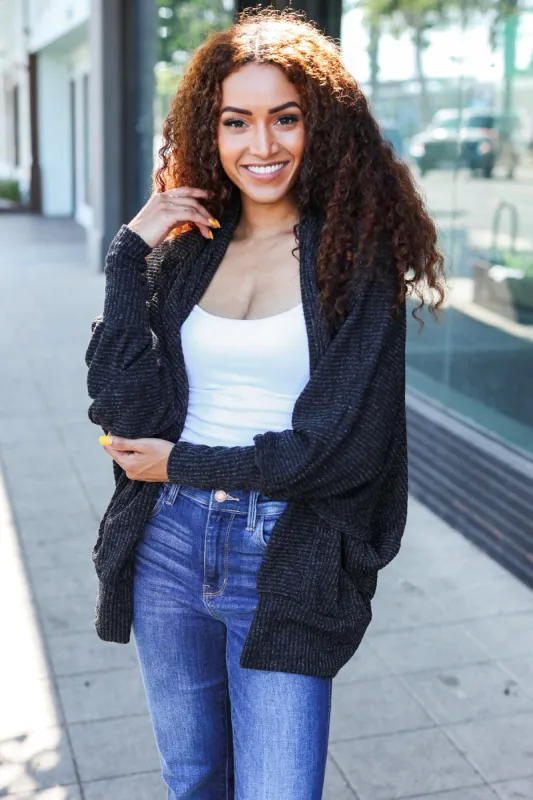 Classic Charcoal Rib Banded Open Cardigan sold by Charming Charlie