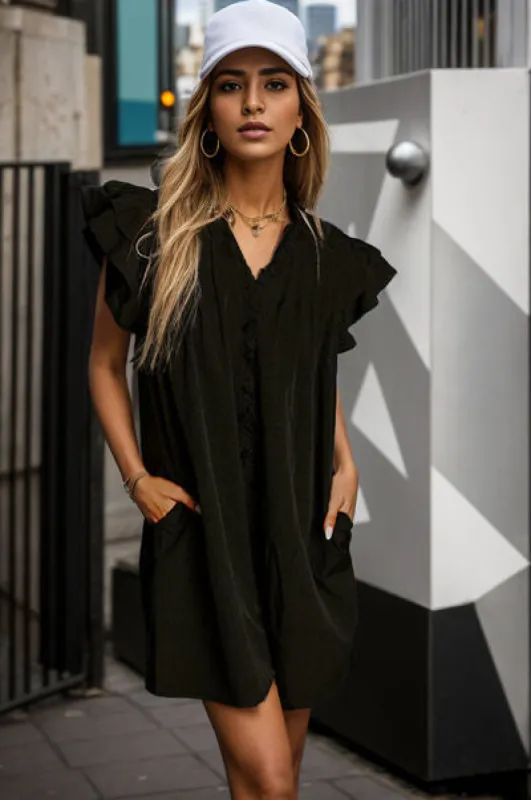 Ruffled Cap Sleeve Pocketed Mini Dress sold by Charming Charlie