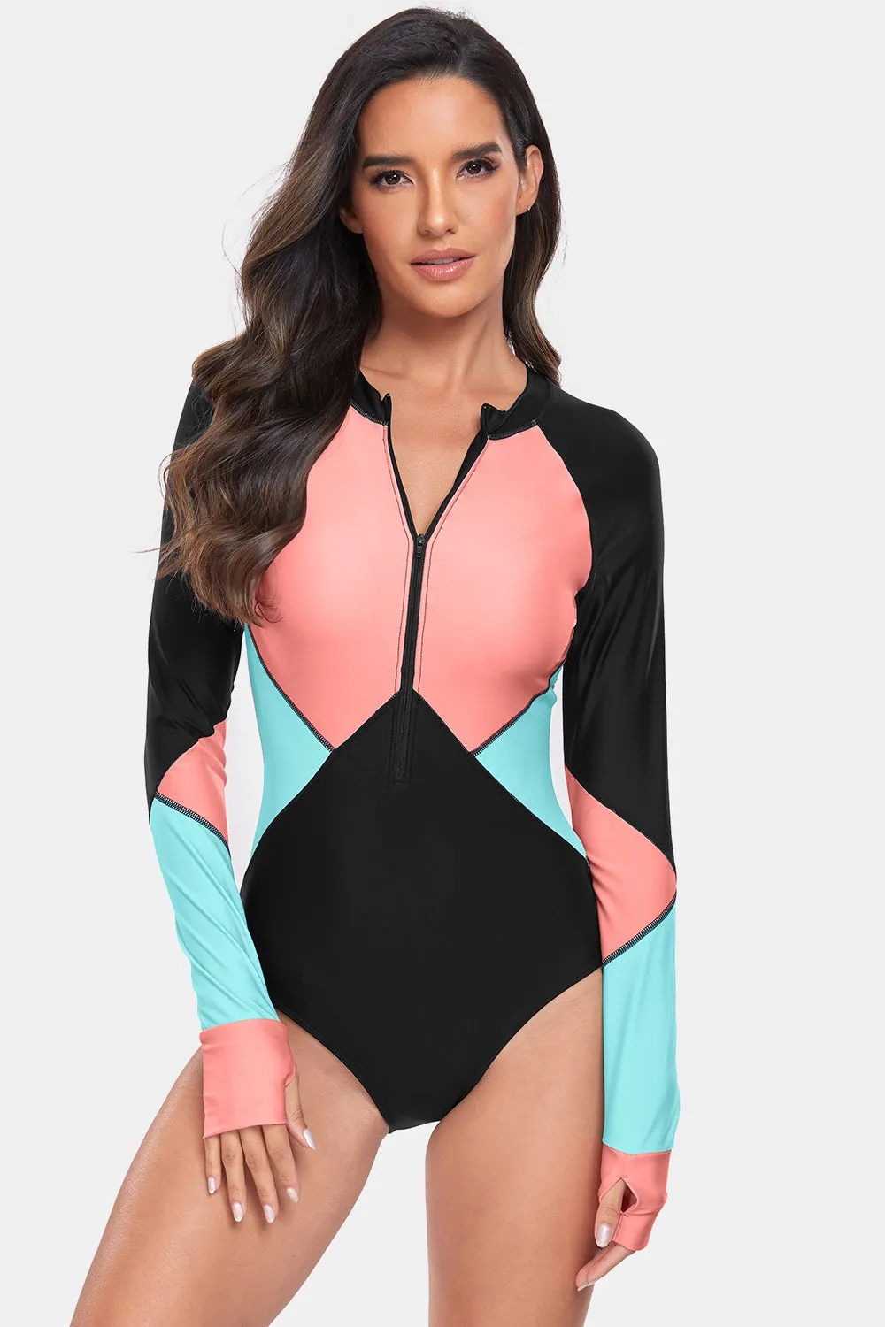 Color Block Half Zip Long Sleeve One-Piece Swimwear sold by Charming Charlie product image thumbnail 5
