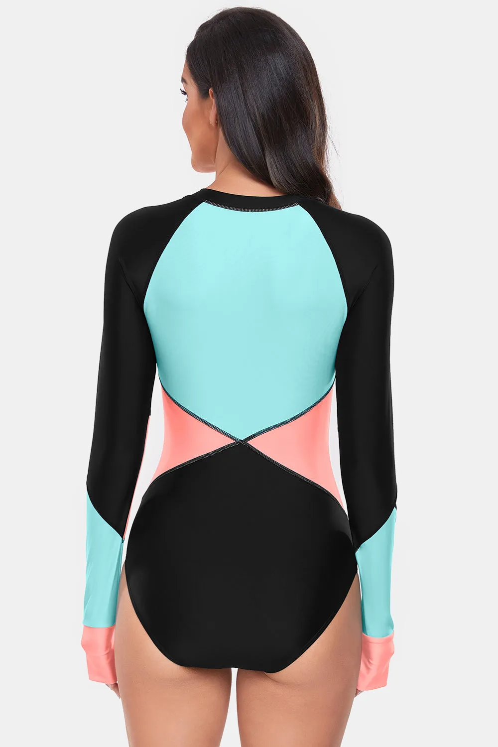 Color Block Half Zip Long Sleeve One-Piece Swimwear sold by Charming Charlie product image thumbnail 2