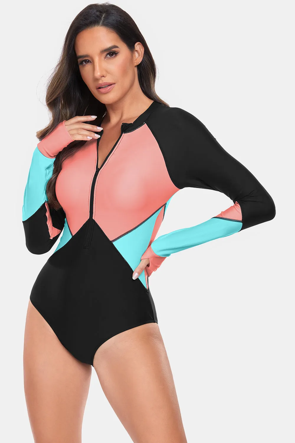 Color Block Half Zip Long Sleeve One-Piece Swimwear sold by Charming Charlie product image thumbnail 3