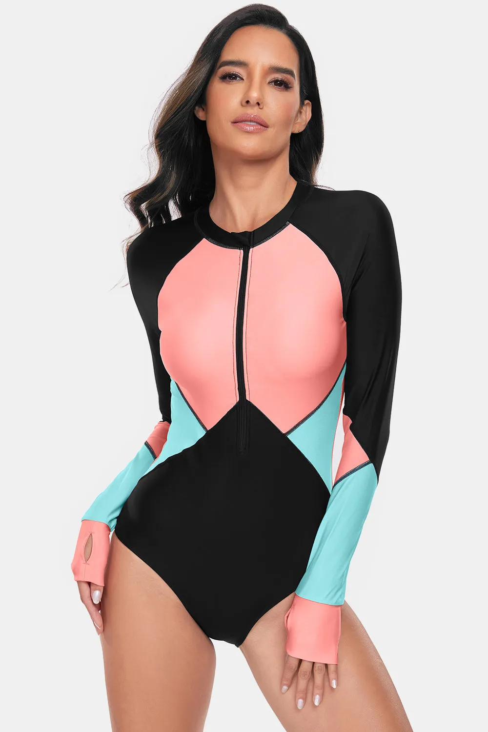 Color Block Half Zip Long Sleeve One-Piece Swimwear sold by Charming Charlie product image thumbnail 4