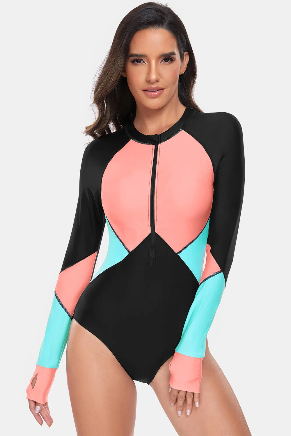 Color Block Half Zip Long Sleeve One-Piece Swimwear sold by Charming Charlie