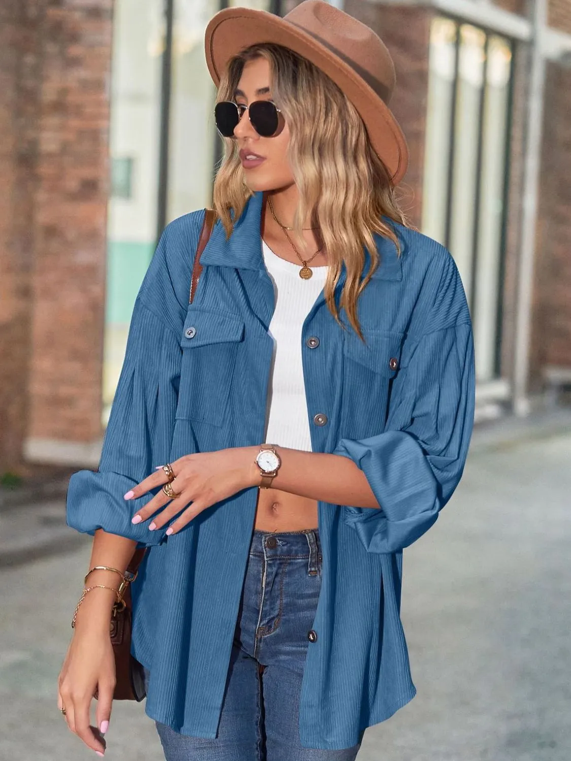 Mandy Button Up Collared Neck Long Sleeve Shirt sold by Charming Charlie product image thumbnail 4