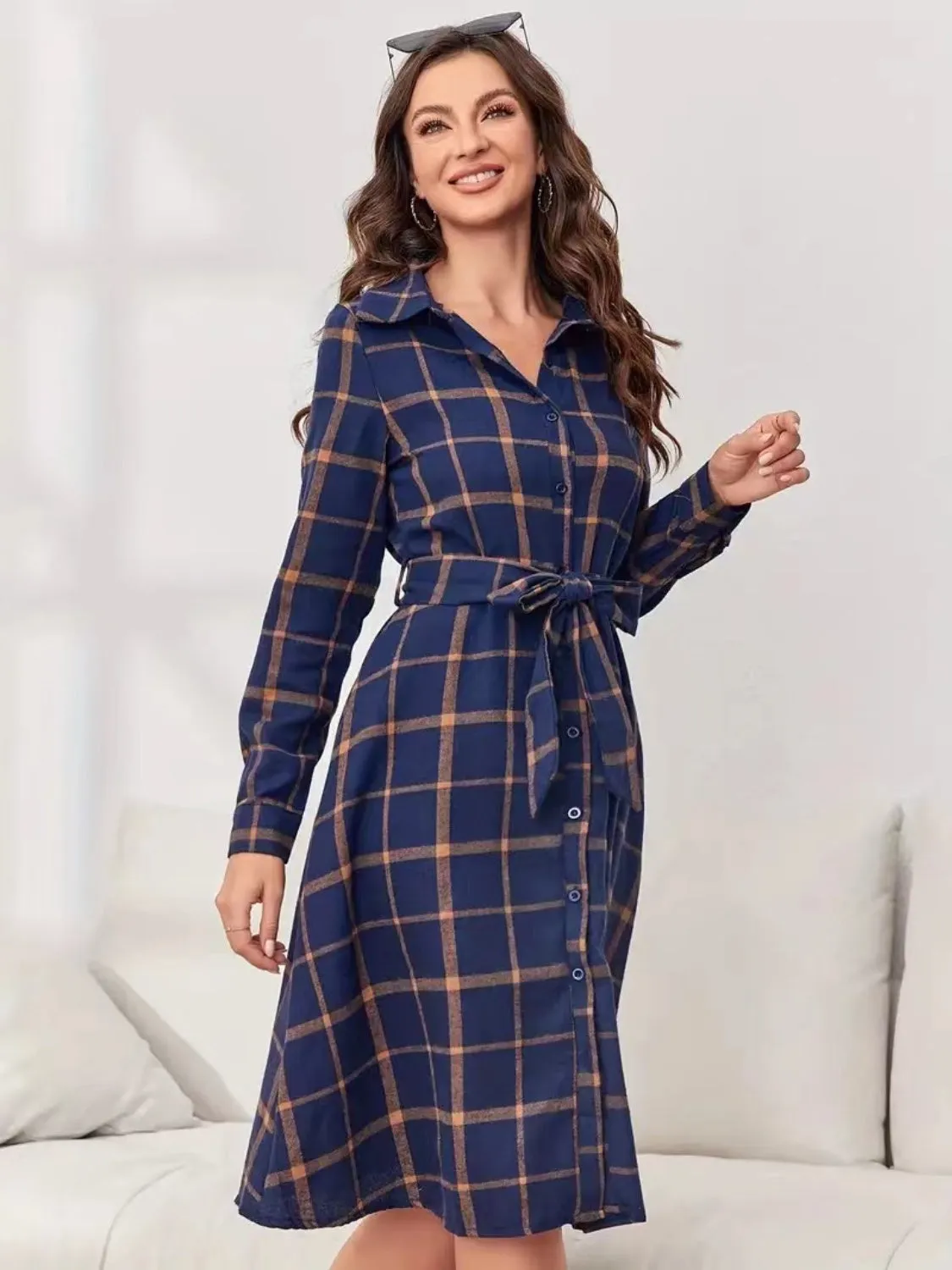 Plaid Tie Waist Long Sleeve Dress sold by Charming Charlie product image thumbnail 4