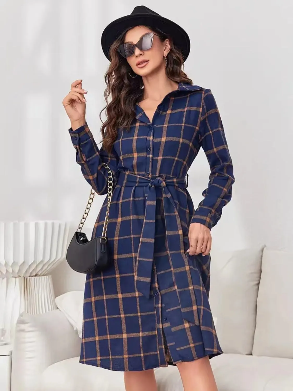 Plaid Tie Waist Long Sleeve Dress sold by Charming Charlie