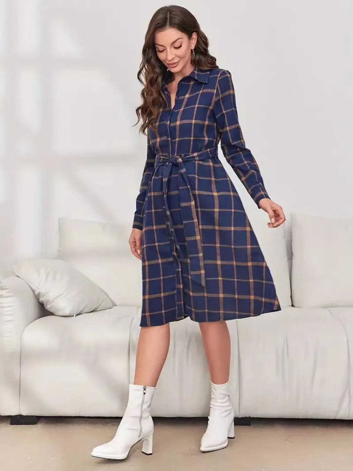 Plaid Tie Waist Long Sleeve Dress sold by Charming Charlie product image thumbnail 5