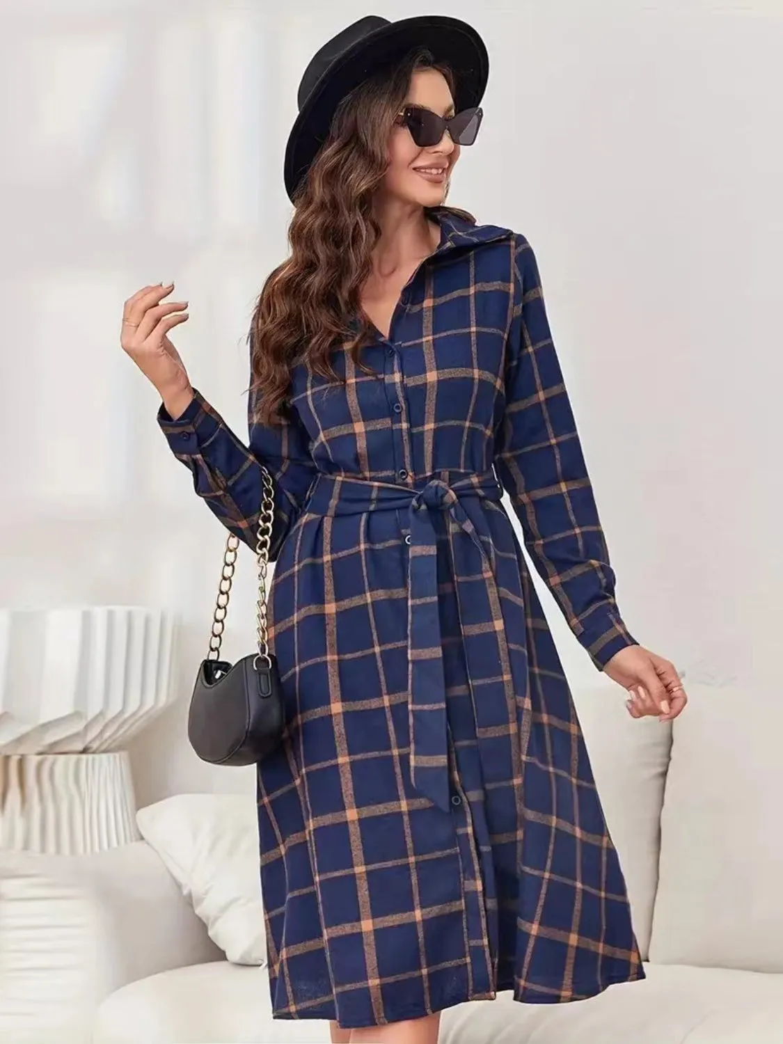 Plaid Tie Waist Long Sleeve Dress sold by Charming Charlie product image thumbnail 3