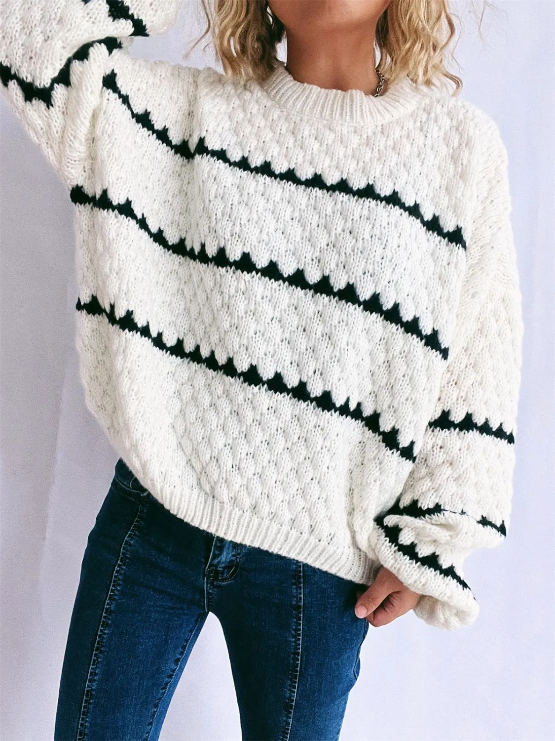 Contrast Stripes Round Neck Long Sleeve Sweater sold by Charming Charlie product image thumbnail 4