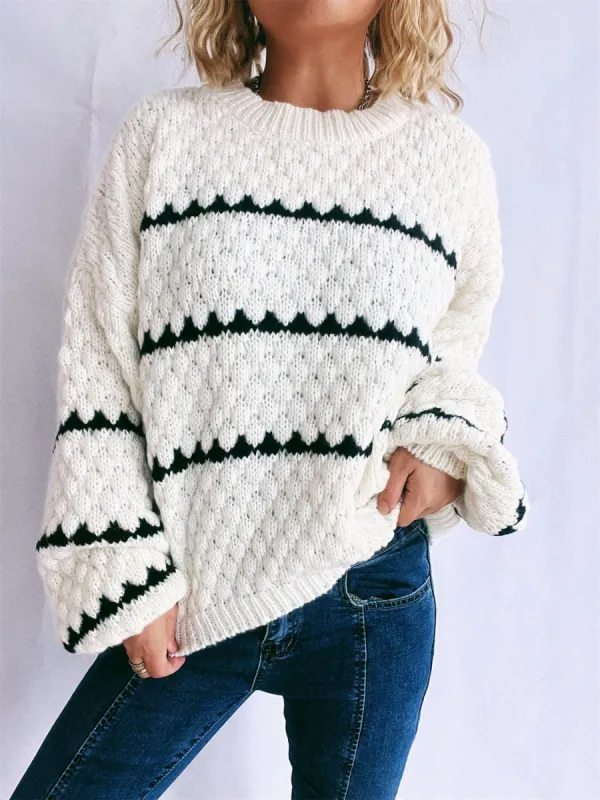 Contrast Stripes Round Neck Long Sleeve Sweater sold by Charming Charlie