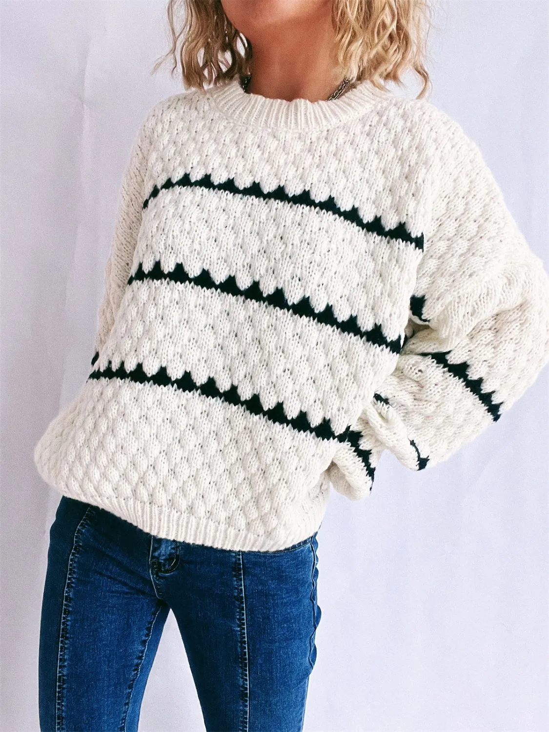 Contrast Stripes Round Neck Long Sleeve Sweater sold by Charming Charlie product image thumbnail 5
