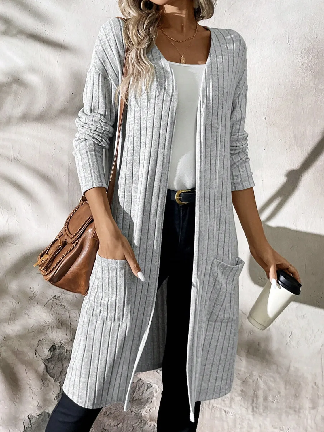 Ribbed Open Front Long Sleeve Cardigan with Pockets sold by Charming Charlie product image thumbnail 3