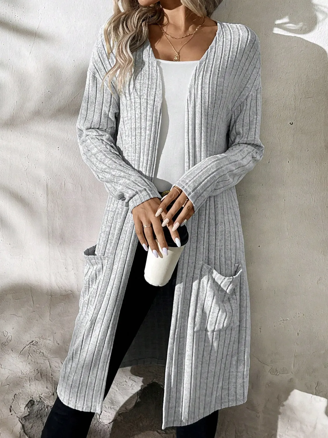 Ribbed Open Front Long Sleeve Cardigan with Pockets sold by Charming Charlie product image thumbnail 5