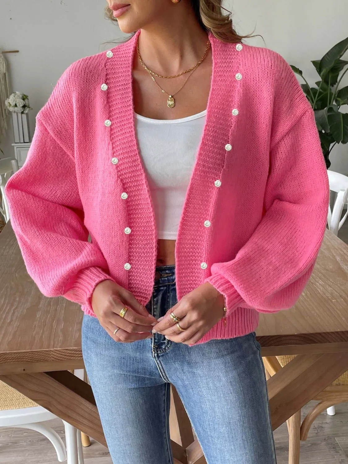 Pearl Open Front Long Sleeve Cardigan sold by Charming Charlie product image thumbnail 4