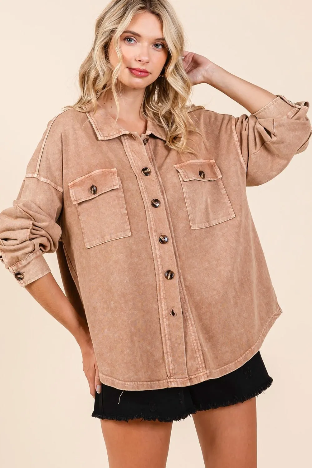 Mittoshop Mineral Wash French Terry Elbow Patch Shacket sold by Charming Charlie product image thumbnail 3