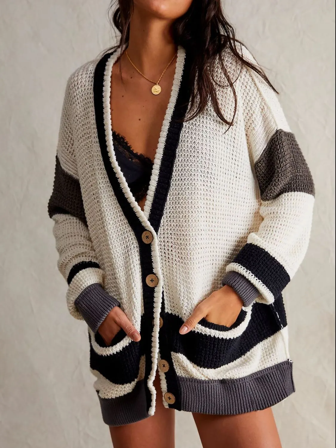 Pocketed Contrast V-Neck Long Sleeve Cardigan sold by Charming Charlie