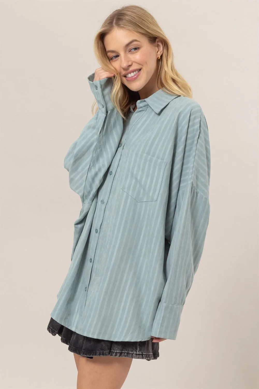 HYFVE Stripe Button Down Long Sleeve Oversized Shirt sold by Charming Charlie product image thumbnail 3