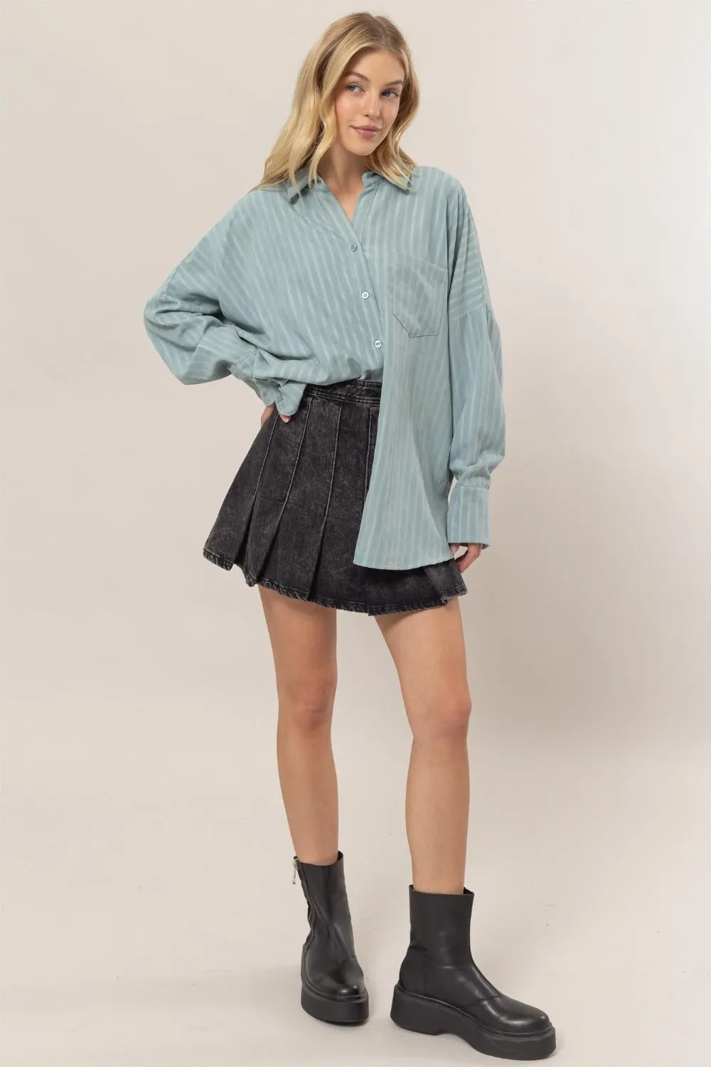 HYFVE Stripe Button Down Long Sleeve Oversized Shirt sold by Charming Charlie product image thumbnail 4