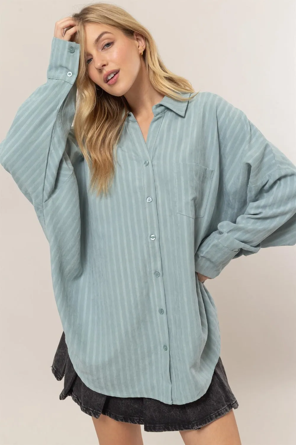 HYFVE Stripe Button Down Long Sleeve Oversized Shirt sold by Charming Charlie