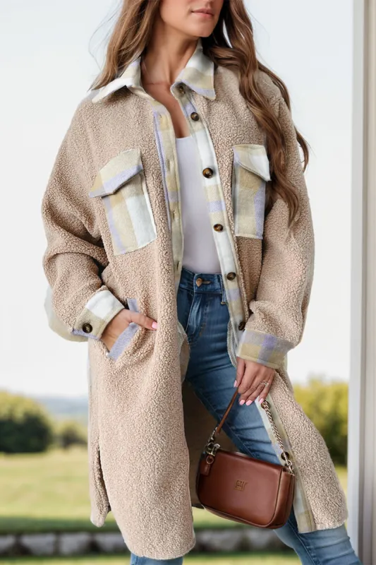Slit Plaid Button Down Long Sleeve Coat sold by Charming Charlie