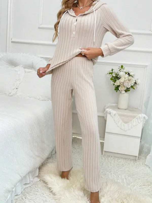 Drawstring Half Button Hooded Top and Ribbed Pants Set sold by Charming Charlie