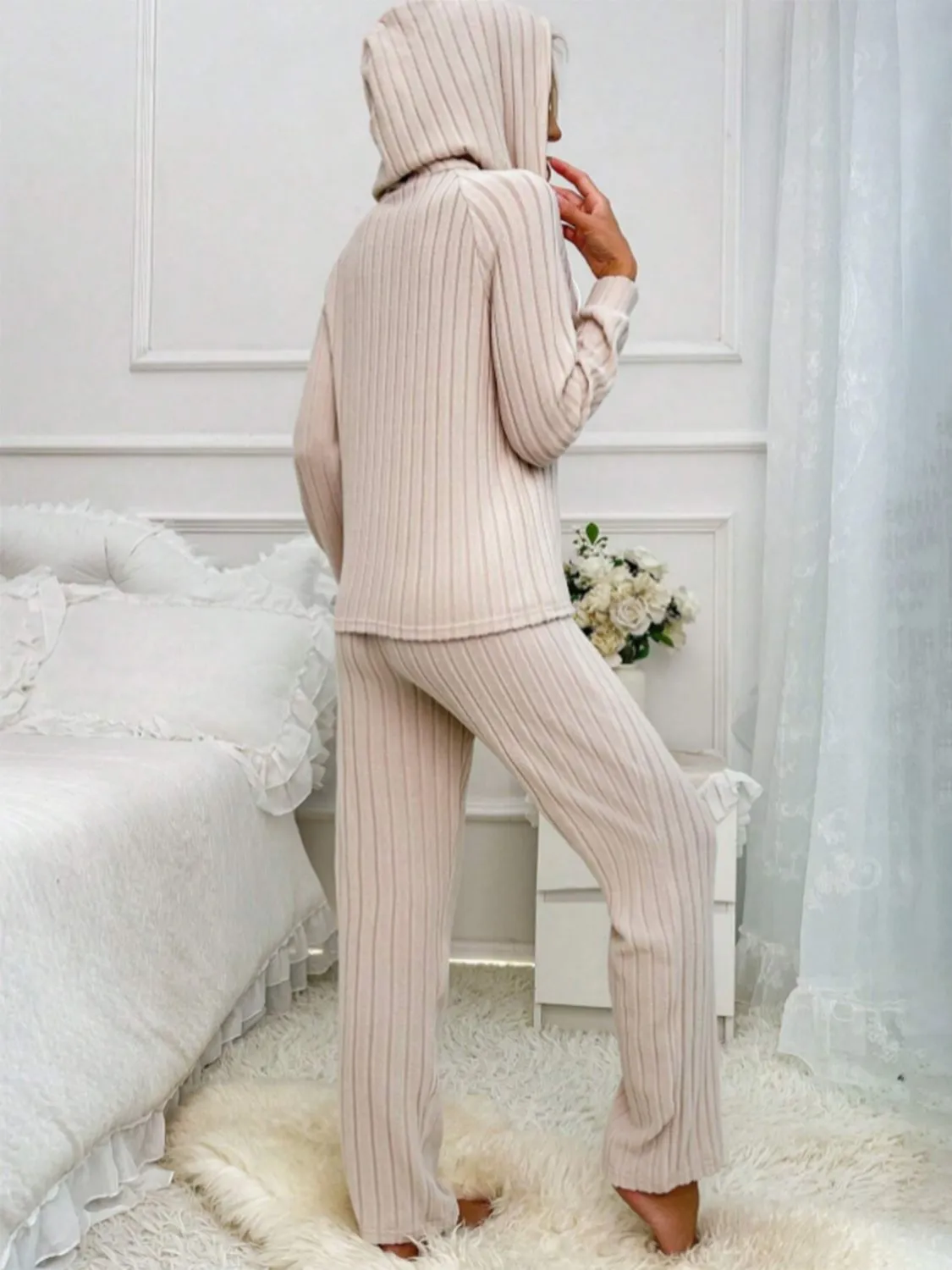 Drawstring Half Button Hooded Top and Ribbed Pants Set sold by Charming Charlie product image thumbnail 2