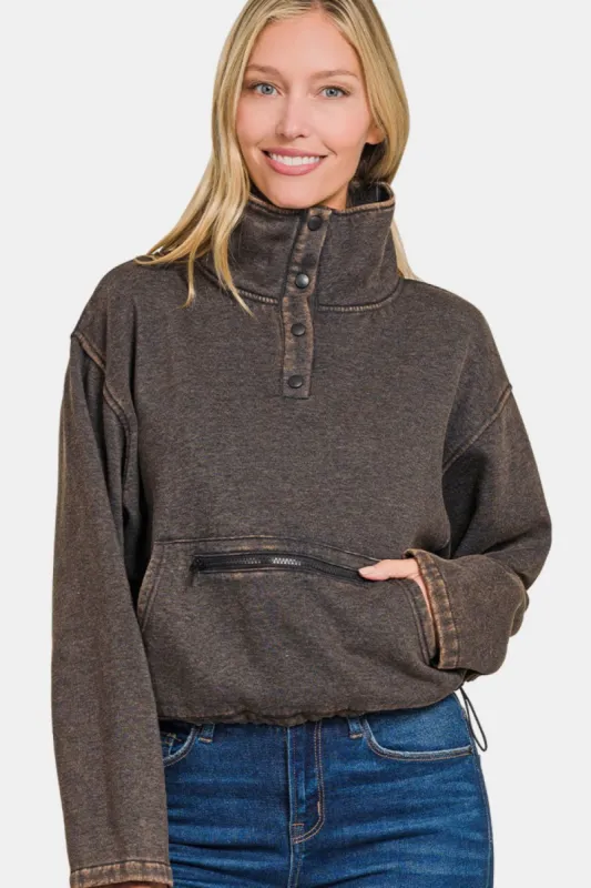 Zenana Acid Wash Fleece Half Snap Sweatshirt with Pocket sold by Charming Charlie