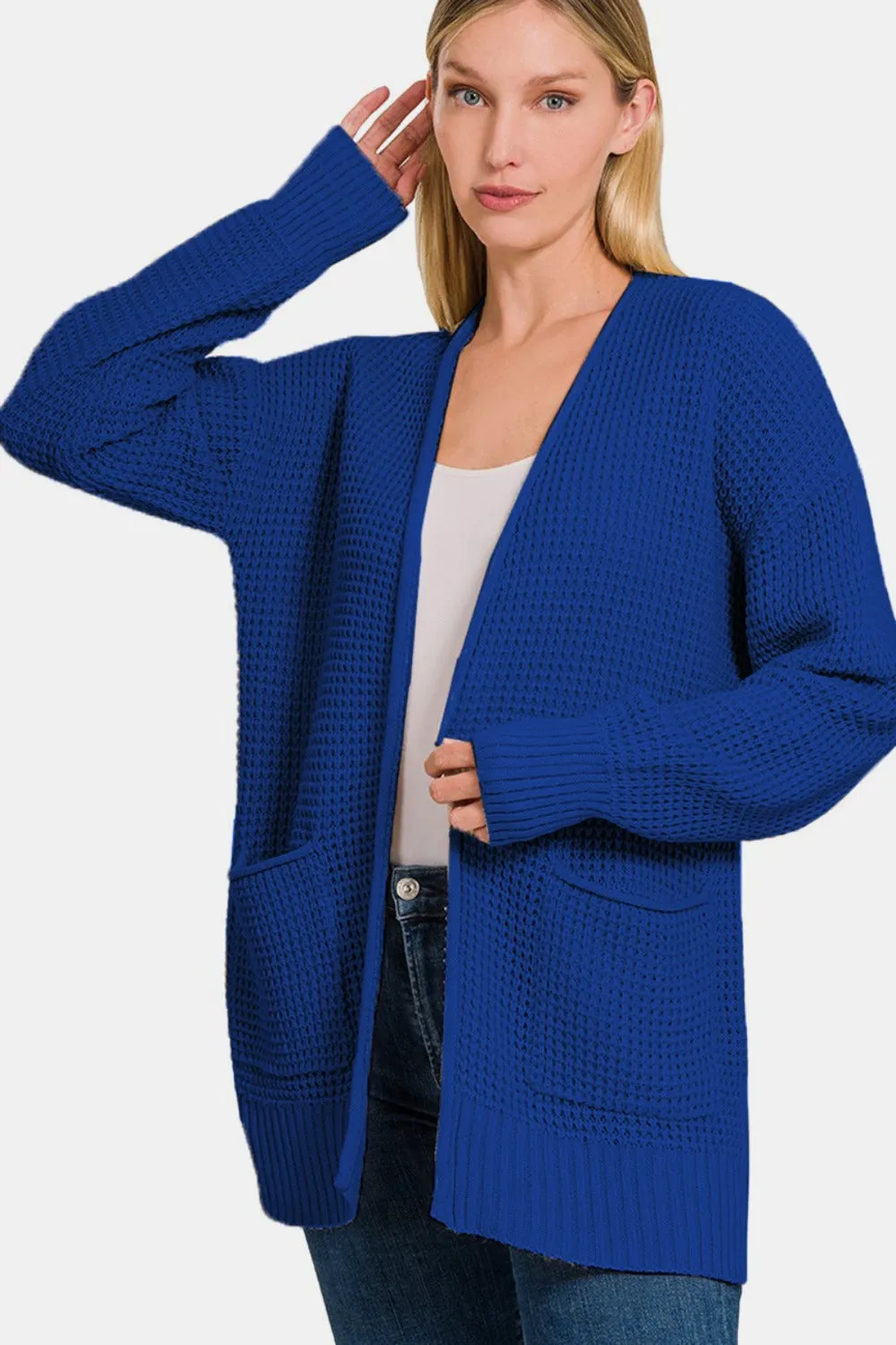 Zenana Waffle Open Front Sweater Cardigan sold by Charming Charlie product image thumbnail 3