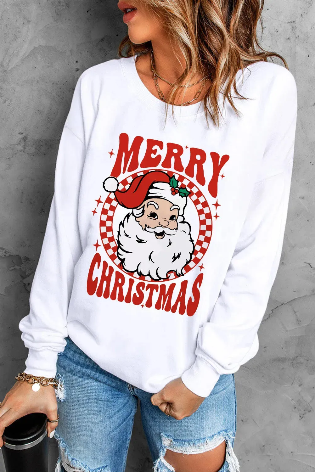 Santa Graphic Round Neck Long Sleeve Sweatshirt sold by Charming Charlie