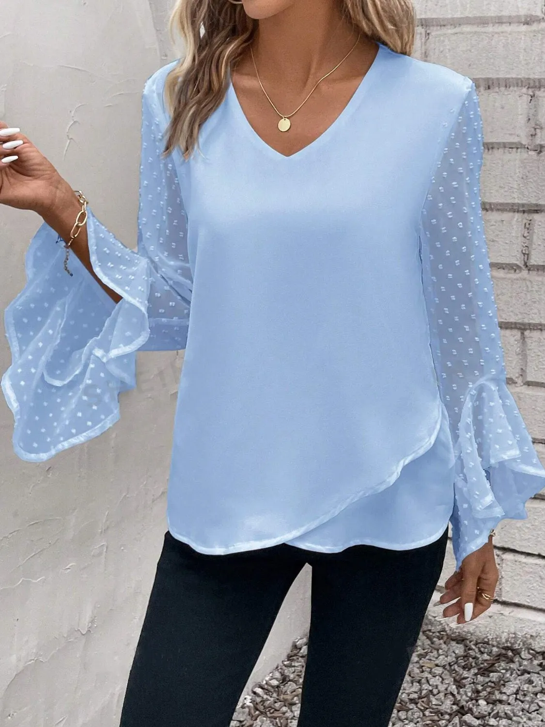 Swiss Dot V-Neck Flounce Sleeve Blouse sold by Charming Charlie