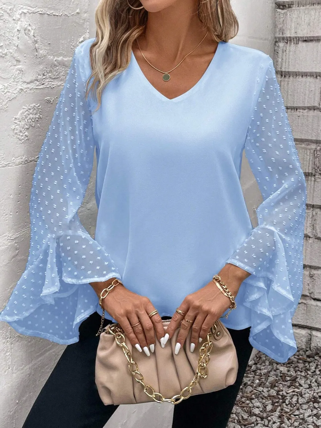 Swiss Dot V-Neck Flounce Sleeve Blouse sold by Charming Charlie product image thumbnail 3