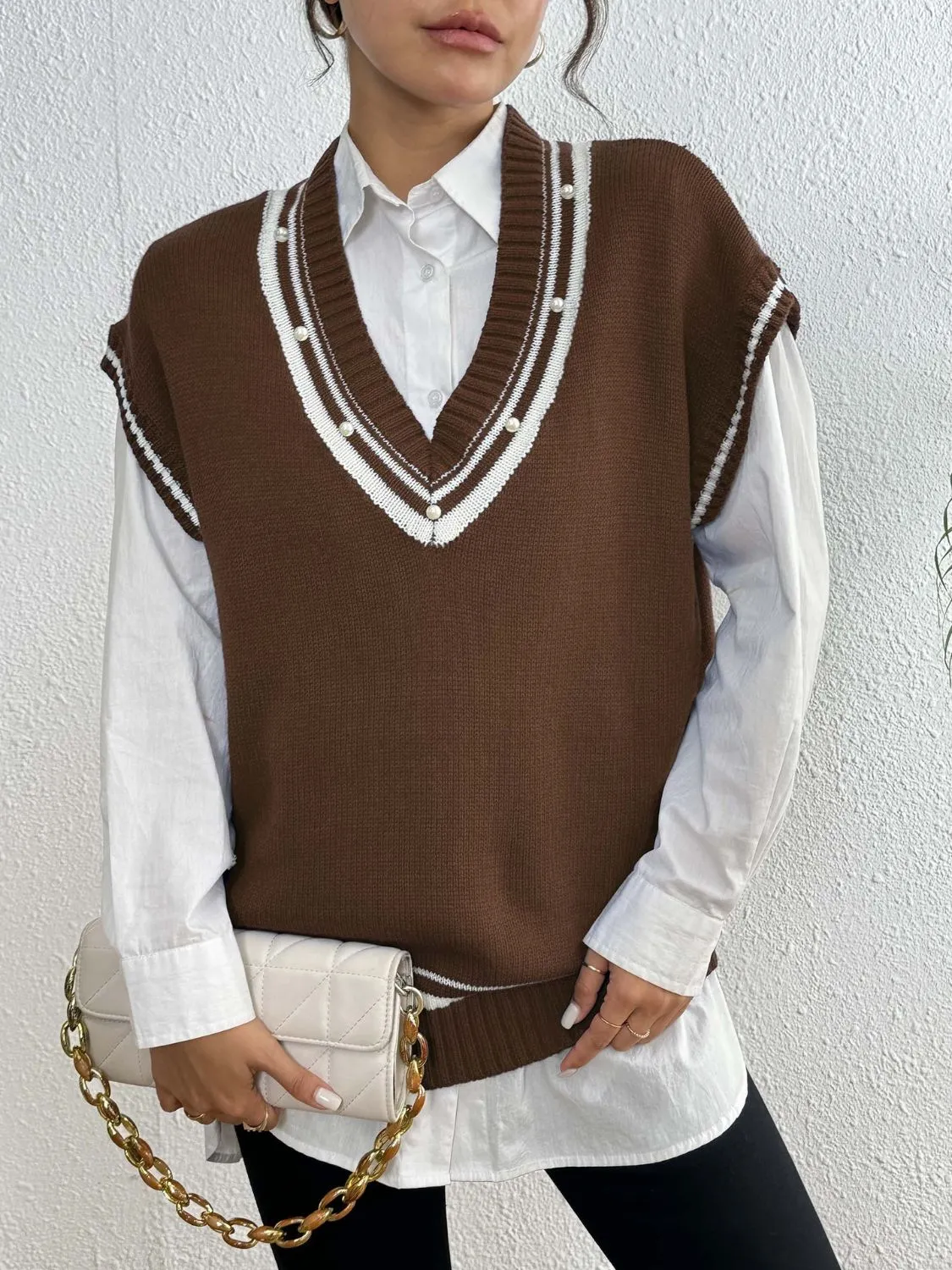 Pearl Trim Contrast V-Neck Sweater Vest sold by Charming Charlie product image thumbnail 4