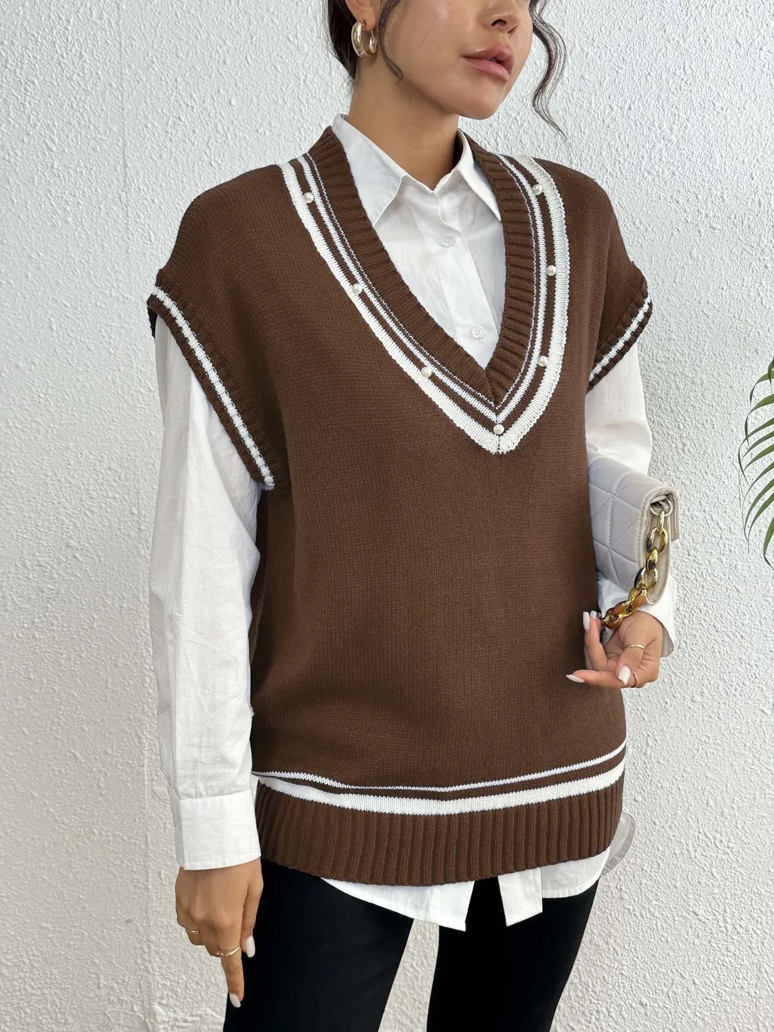 Pearl Trim Contrast V-Neck Sweater Vest sold by Charming Charlie
