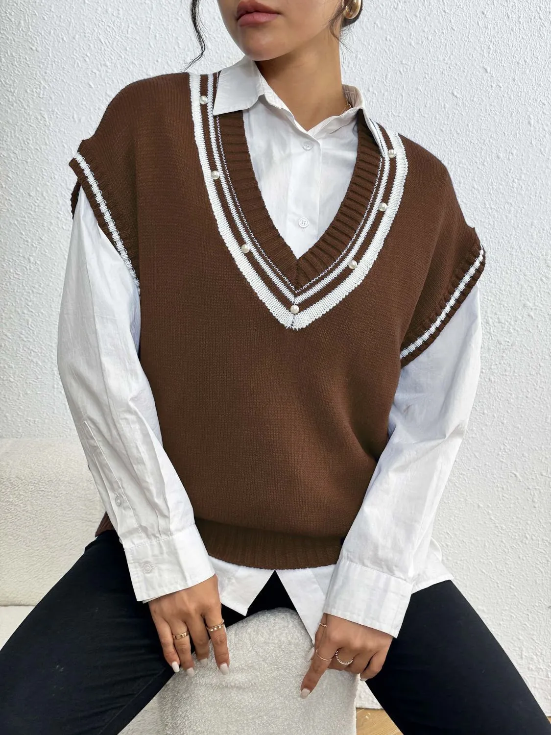Pearl Trim Contrast V-Neck Sweater Vest sold by Charming Charlie product image thumbnail 5