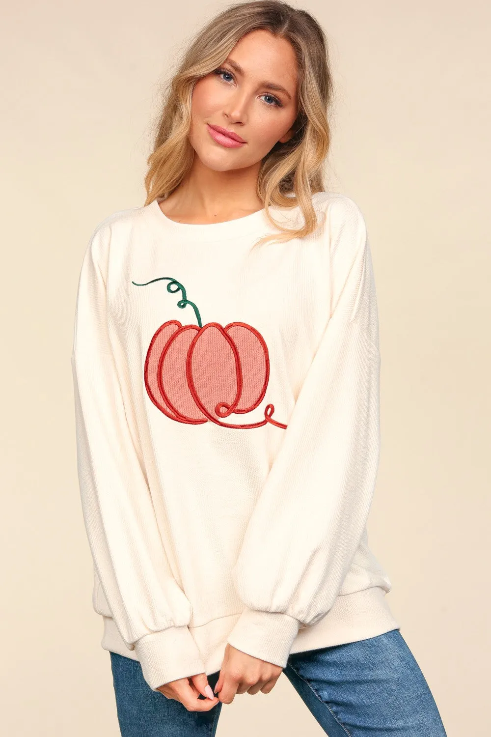 Haptics Full Size Embroidery Pumpkin Long Sleeve Knit Top sold by Charming Charlie