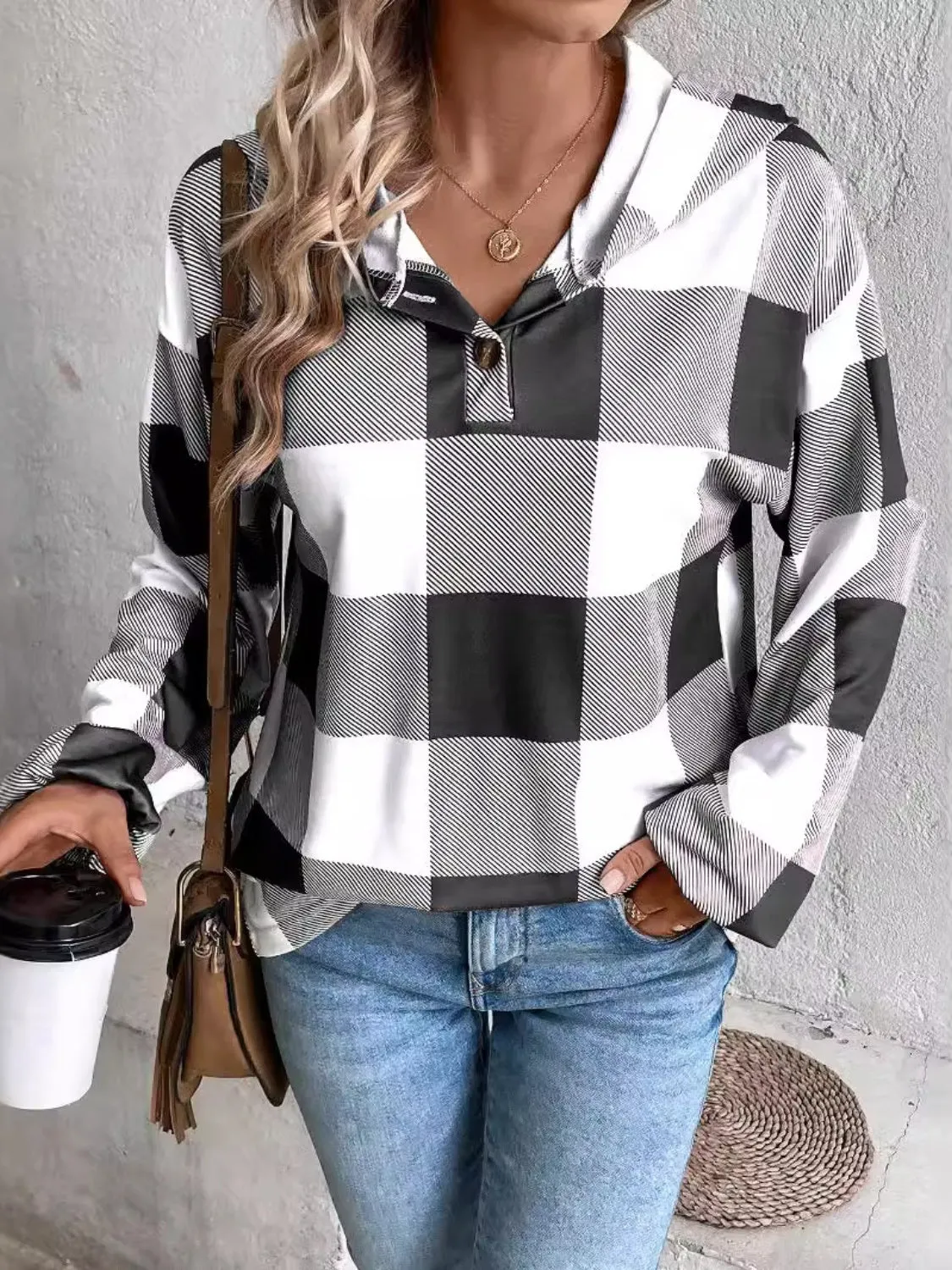 Plaid Dropped Shoulder Long Sleeve Hoodie sold by Charming Charlie product image thumbnail 3
