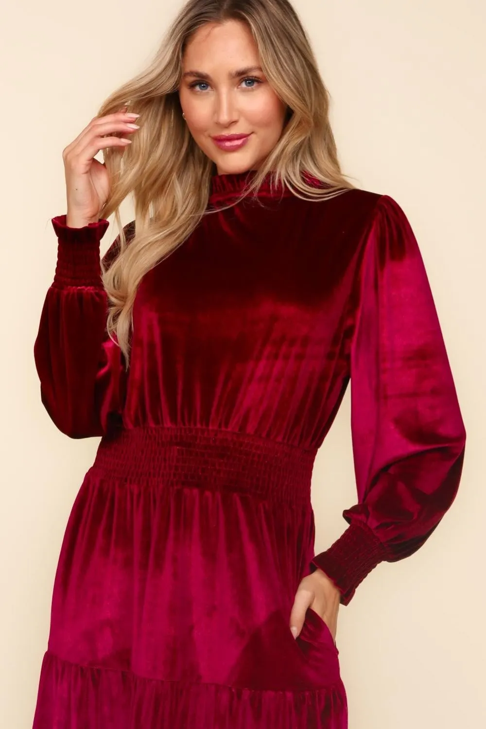 Haptics Mock Neck Smocked Waist Velvet Tiered Dress sold by Charming Charlie product image thumbnail 4