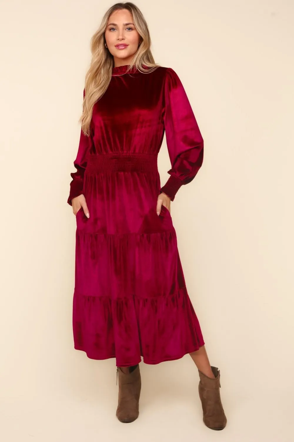 Haptics Mock Neck Smocked Waist Velvet Tiered Dress sold by Charming Charlie