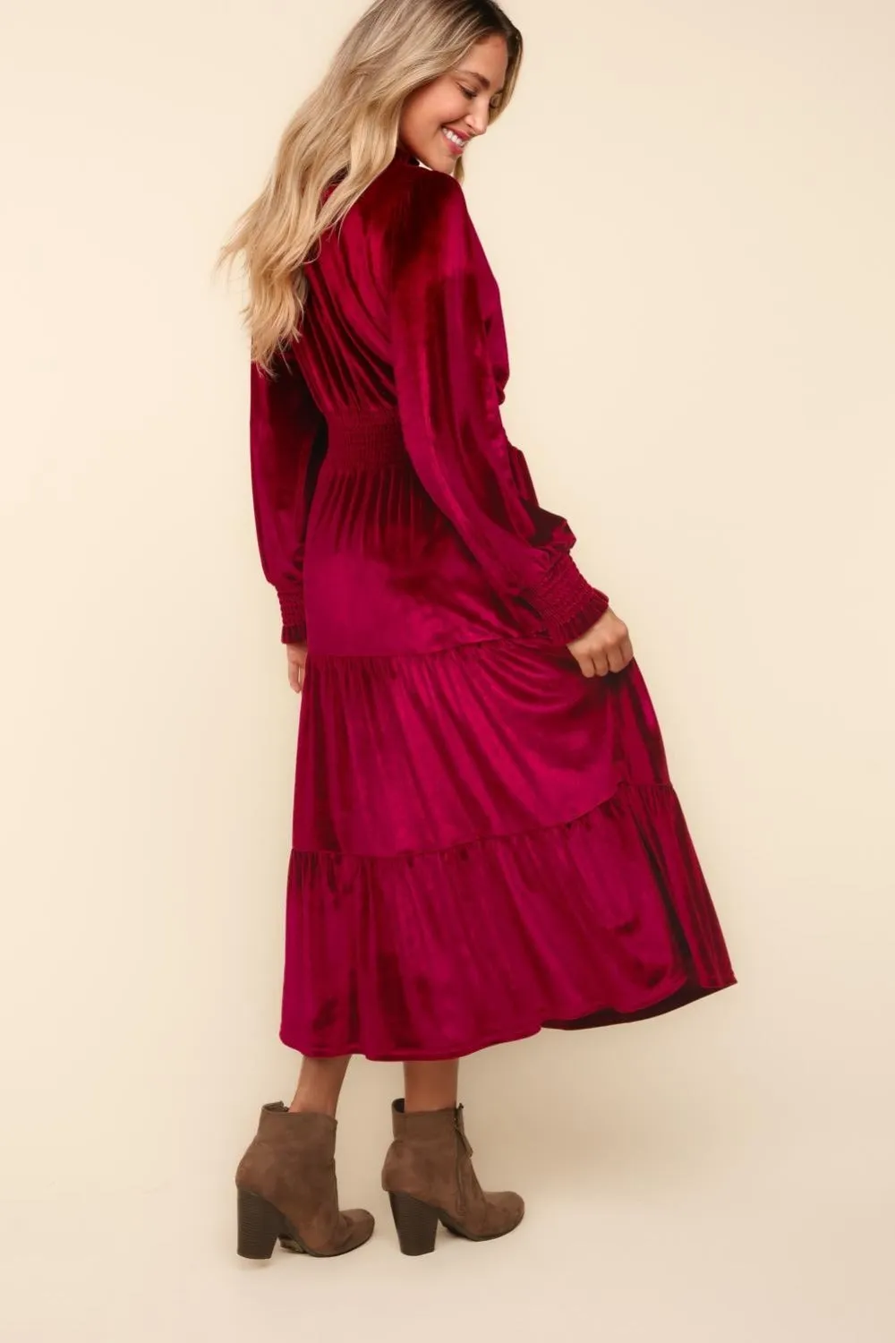 Haptics Mock Neck Smocked Waist Velvet Tiered Dress sold by Charming Charlie product image thumbnail 2