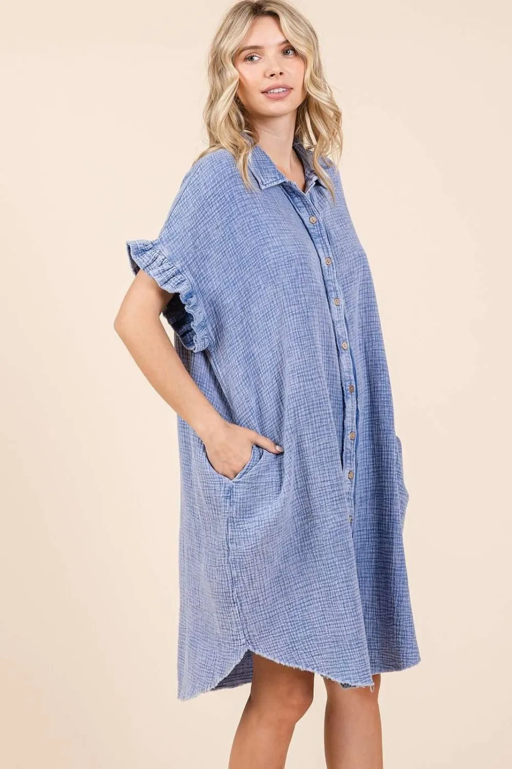 Mittoshop Mineral Wash Cotton Gauze Mini Shirt Dress sold by Charming Charlie product image thumbnail 3