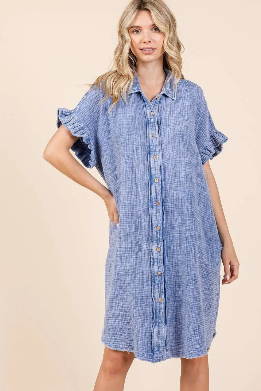 Mittoshop Mineral Wash Cotton Gauze Mini Shirt Dress sold by Charming Charlie