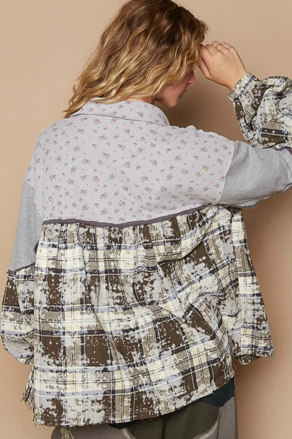 POL Balloon Sleeve Floral Color Block Plaid Shirt sold by Charming Charlie product image thumbnail 2