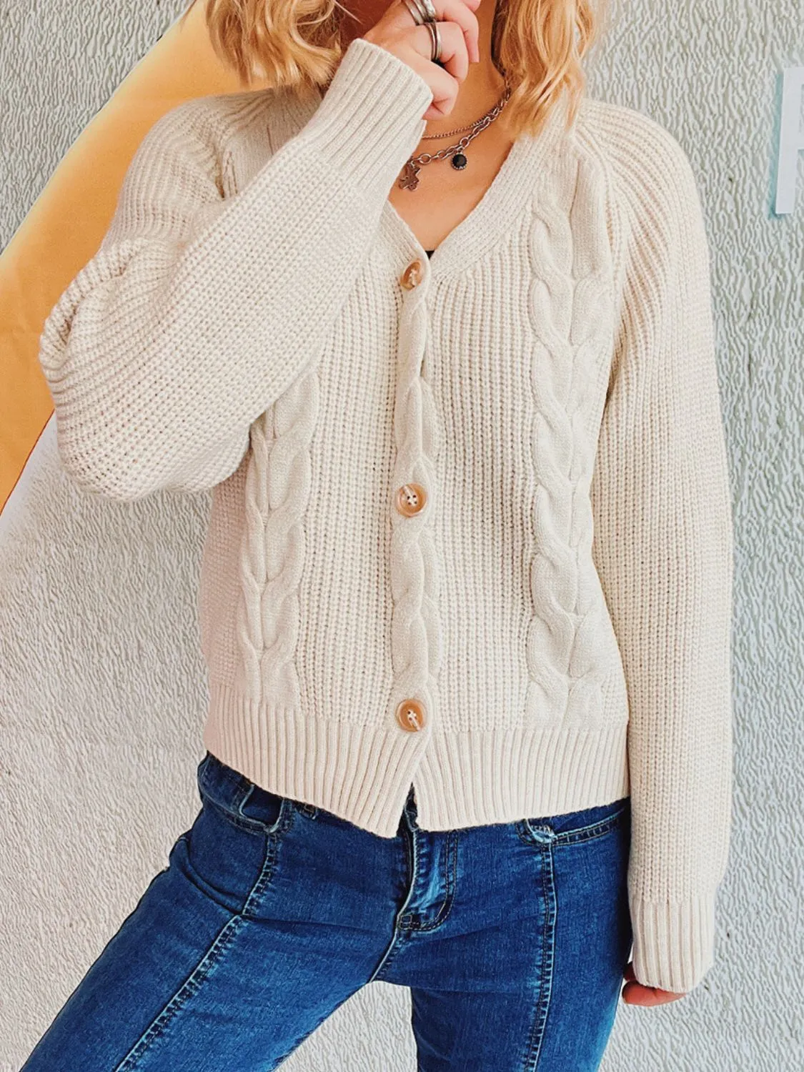 Cable-Knit V-Neck Button Down Long Sleeve Cardigan sold by Charming Charlie product image thumbnail 3