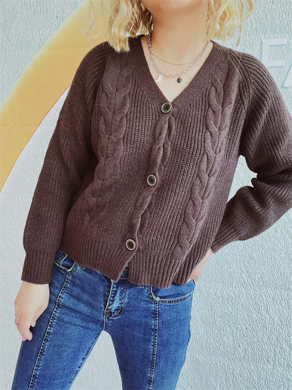 Cable-Knit V-Neck Button Down Long Sleeve Cardigan sold by Charming Charlie product image thumbnail 4
