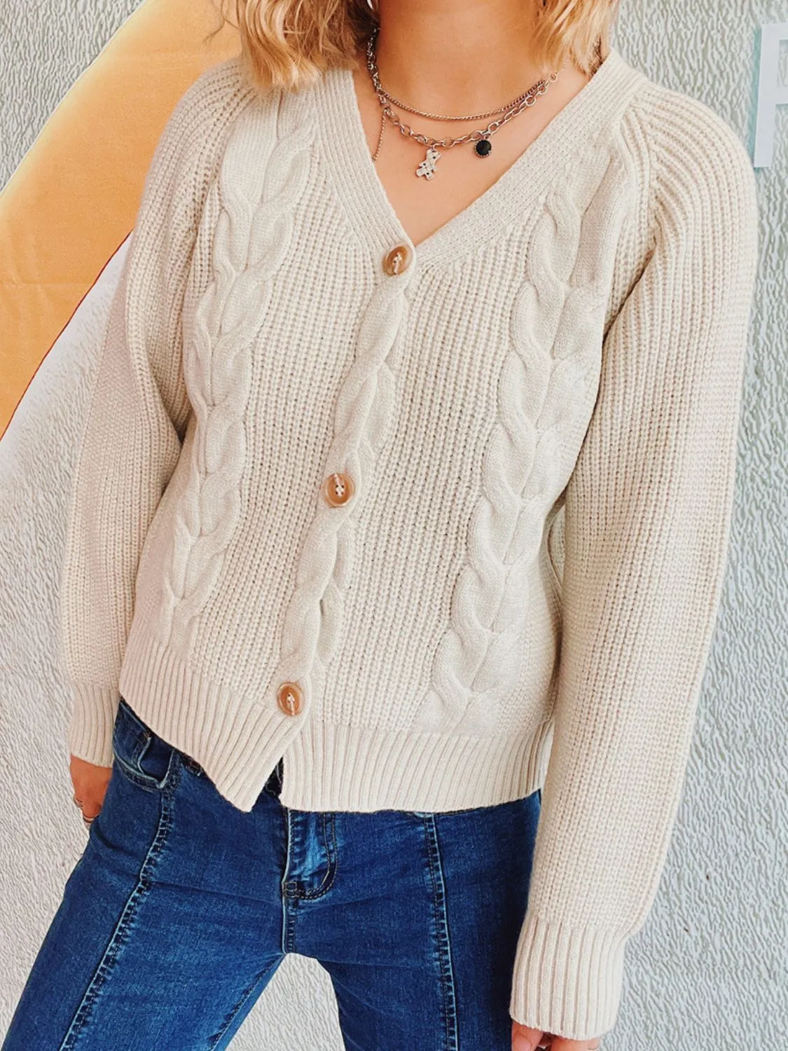 Cable-Knit V-Neck Button Down Long Sleeve Cardigan sold by Charming Charlie product image thumbnail 2