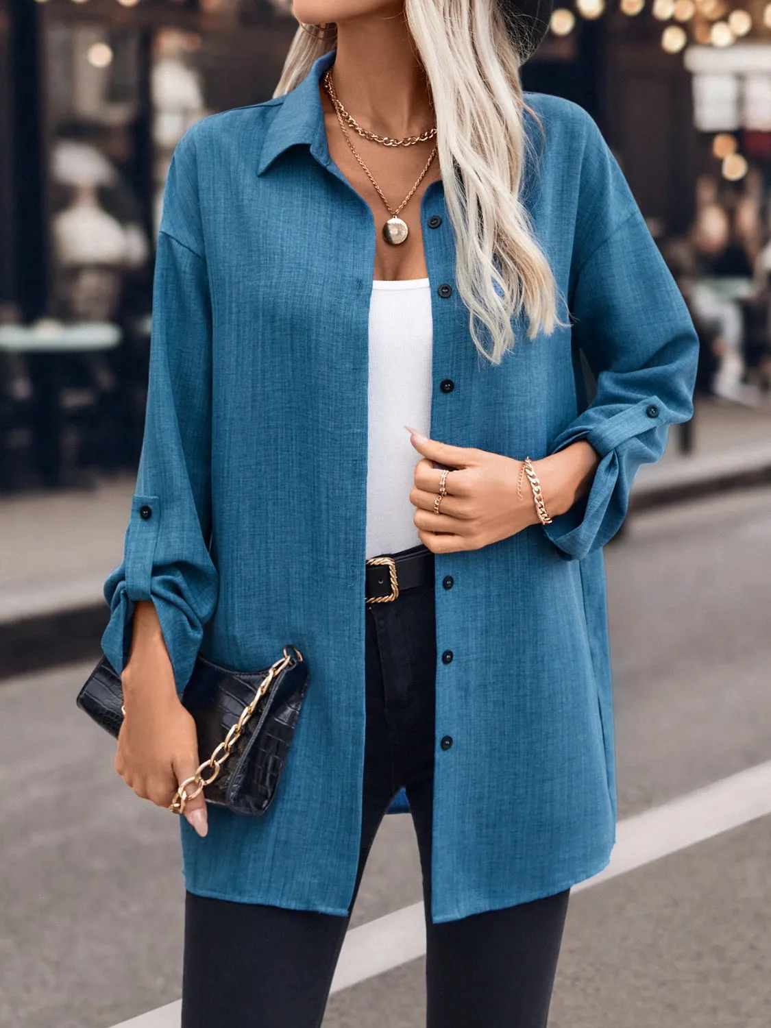 Button Up Roll-Tab Sleeve Shirt sold by Charming Charlie product image thumbnail 4