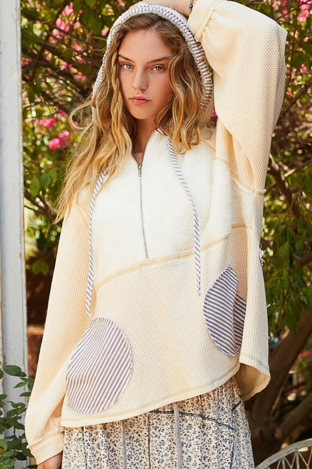 POL Half Zip Up Fleece Mix Back Star Patch Hoodie sold by Charming Charlie product image thumbnail 4