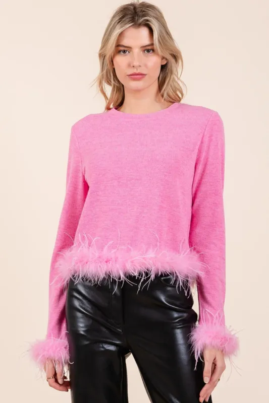 Mittoshop Feather Trim Long Sleeve Crop Hacci Knit Top sold by Charming Charlie